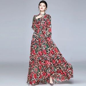 Bella Maxi Floral Dress Stand Collar elastic Waist Ruffle Floral Print Chiffon